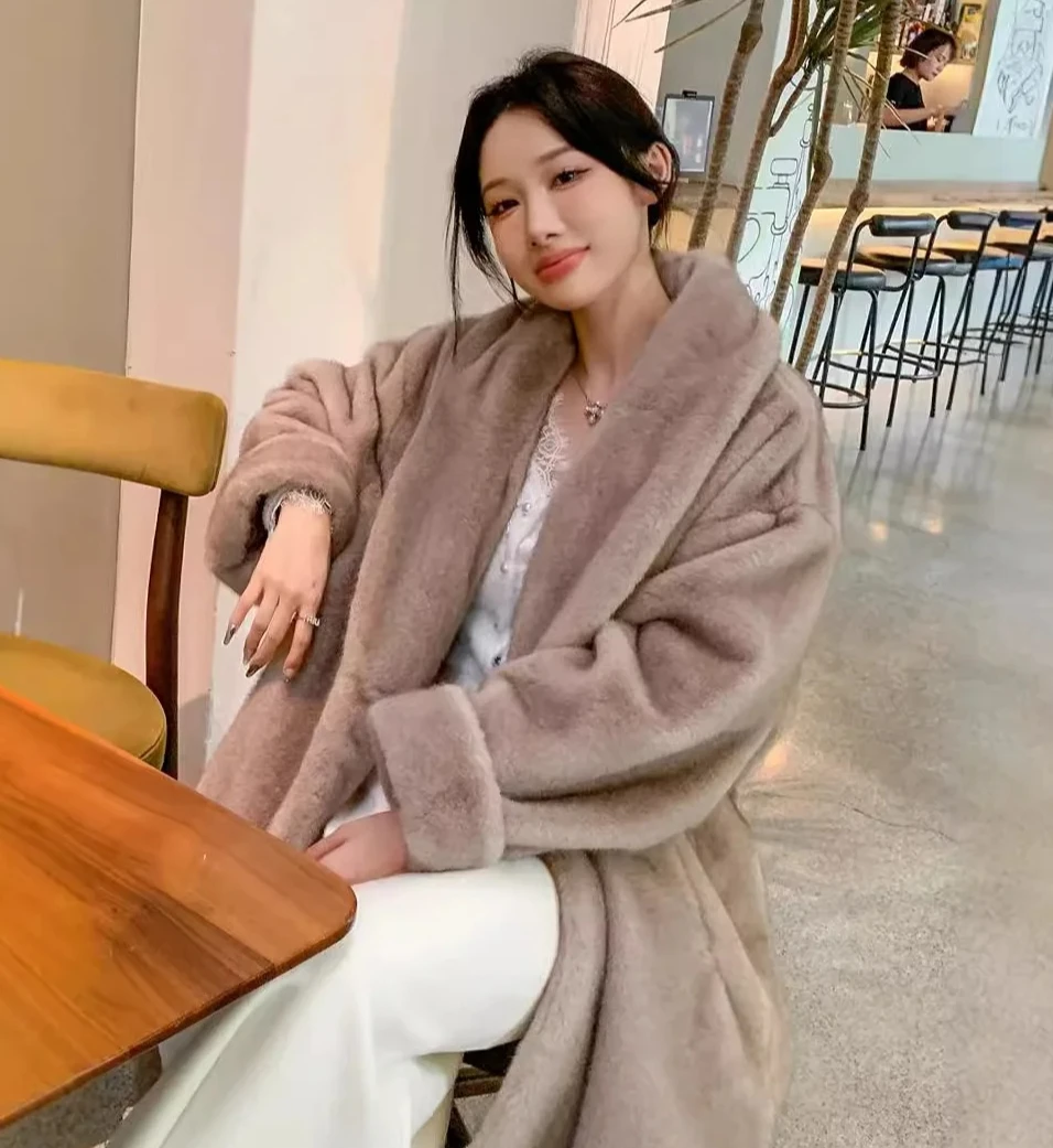 Herbst Winter 2025, Damen-Kunstpelzmäntel, solide Mäntel, Umlegekragen, volle Ärmel, offener Stich, dick, locker, lässig