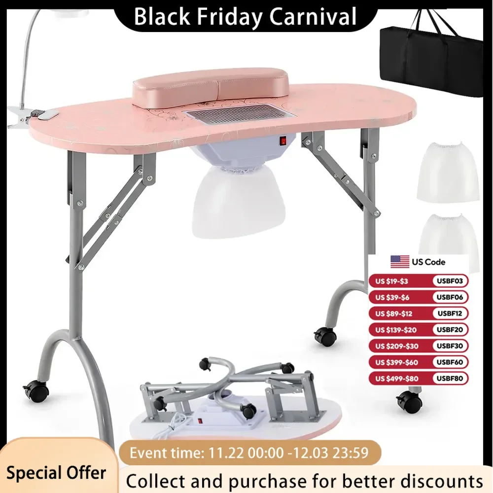 

Nail Table for Nail Tech Portable Manicure Table with Electric Dust Collector USB-Plug LED Lamp Wrist Rest Foldable Nail Desk