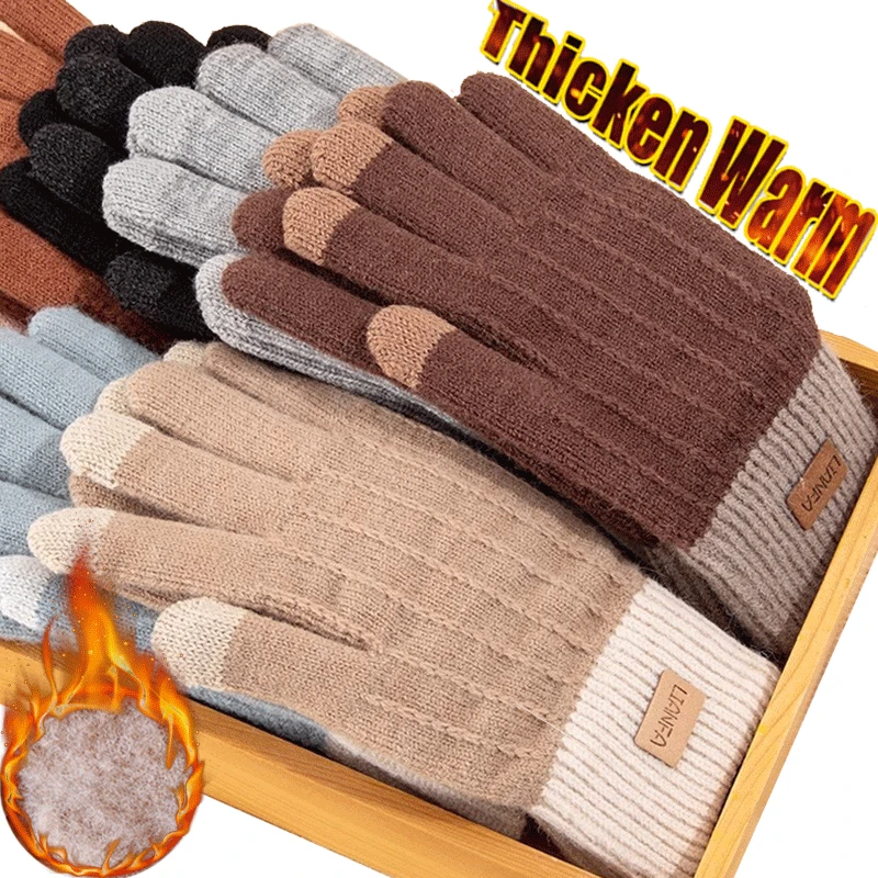 

Women Knitted Full Finger Gloves Winter Touchscreen Thick Warm Wool Cashmere Solid Gloves Men Riding Ski Outdoor Plush Mittens