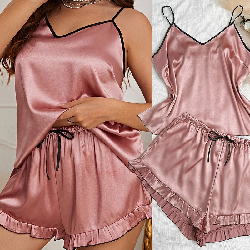 Lady Summer Chemise Pajamas Suit Night Outfit Big Size 4XL 5XL Sexy Women Satin Nightwear New Sleepwear Cami&shorts 2Pcs Pyjamas