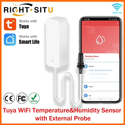 Imagen 1 del producto Sensor de temperatura y humedad WiFi Tuya con sonda externa para aplicación remota Smart Life, monitoreo para plantas, acuario, bodega