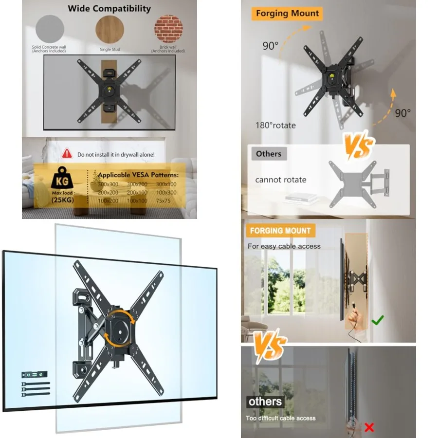 

Rotating TV Wall Mount for 13-49 Inch TVs Monitor,Vertical and Horizontal Extendable Corner Wall Mount, TV Bracket for Flat & Curved Screens, VESA 75x75mm to 300x300mm, Holds 55lbs