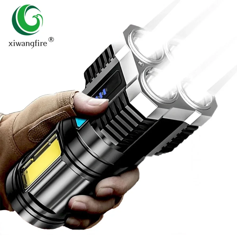 4-core Super Bright Flashlight Rechargeable Outdoor Multi-function P1000 Led Long-range Spotlight Battery Display COB Light