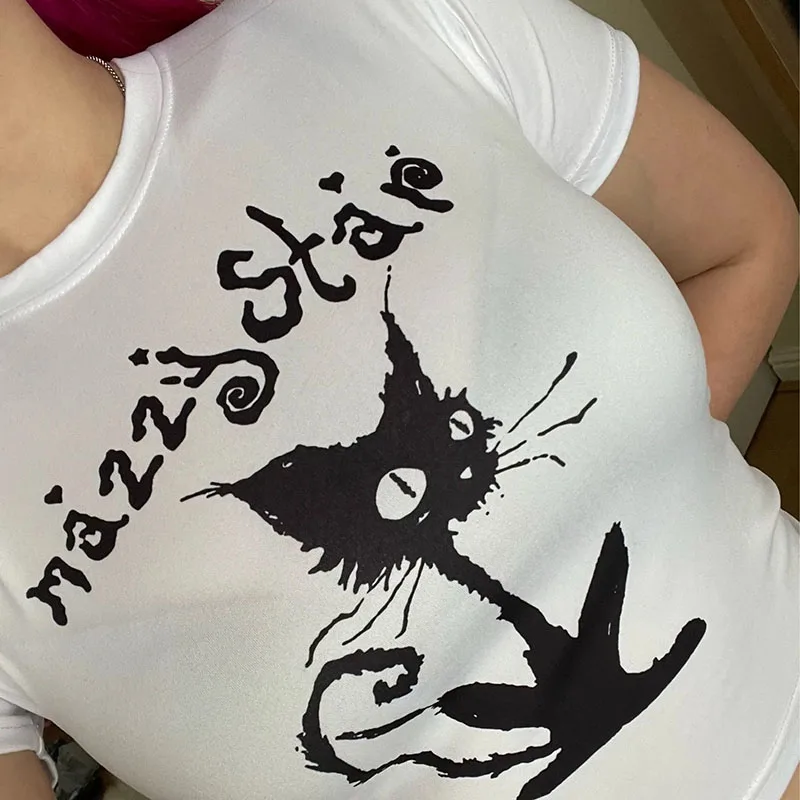 女性のための猫のプリントが施された白いTシャツ,パンク,y2k,ベビーファッション,半袖トップス,ゴシック,ストリート,emo,ロック,女の子,夏