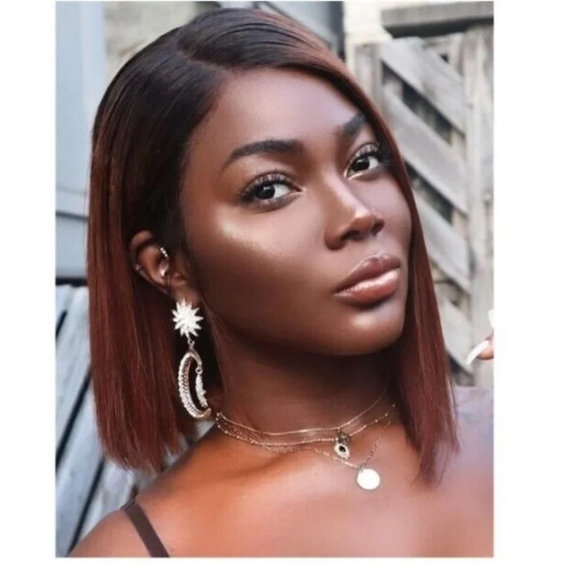 Short Straight Lace Front Wig Brazilian Human Hair Wig Ombre Brown Remy