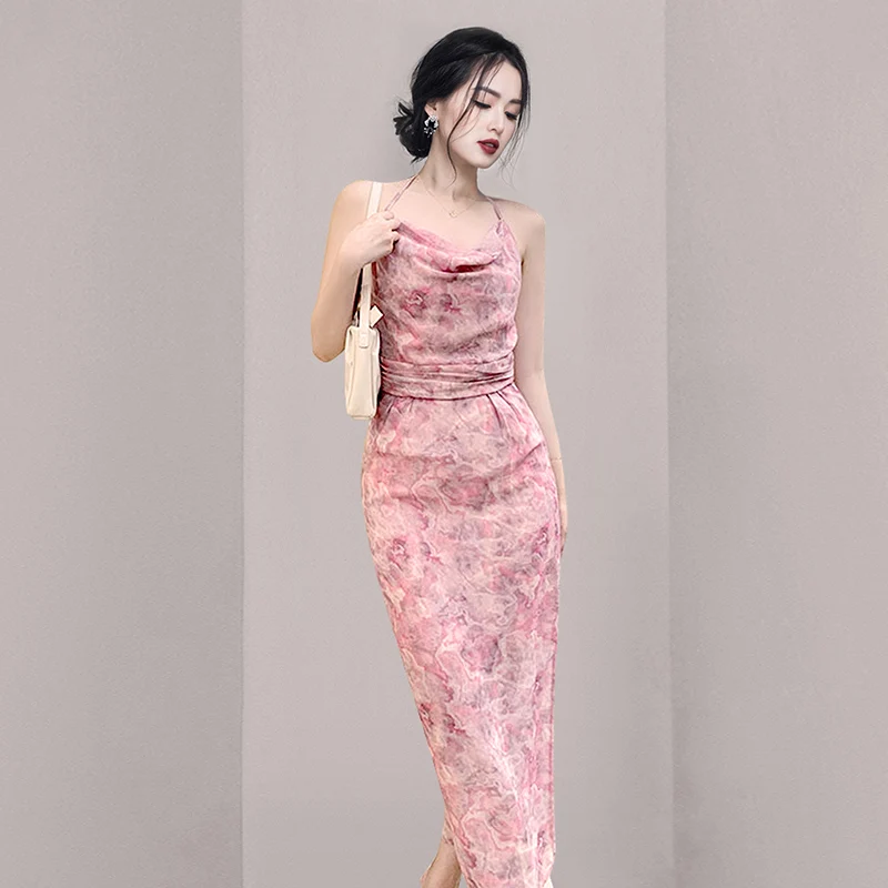 

New Fashion Sexy V-neck Spaghetti Strap 2022 Summer Print Long Dress Women Luxury Sleeveless Elegant Party Dresses