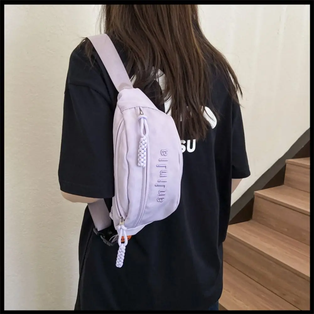 Sports Canvas Small Bag Versatile Letter Embroidery Crossbody Bag Solid Color Waist Bag For Women Girl