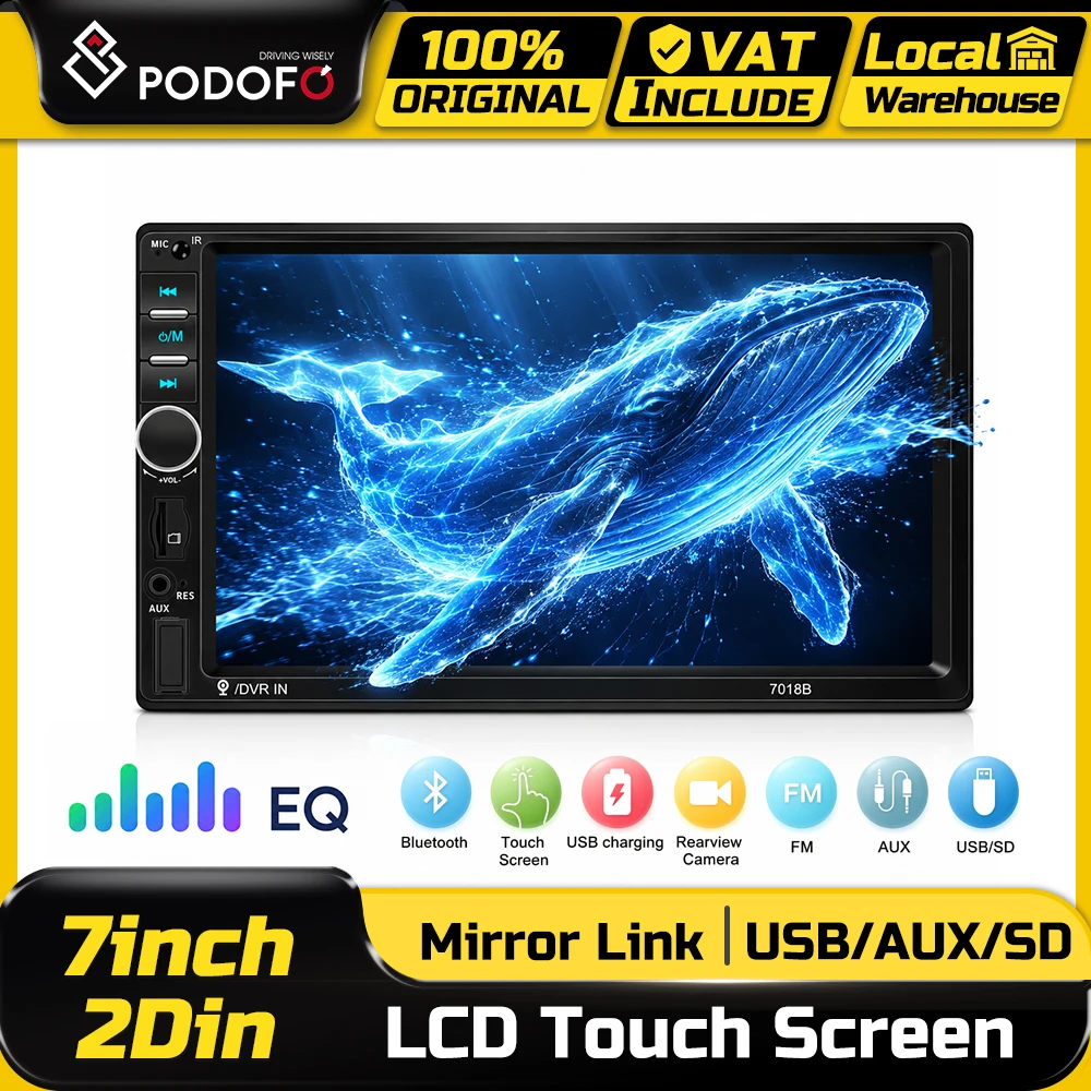 Autoradio multimédia Podofo MP5, lecteur multimédia Mirror-Link 7 pouces 2 Din, écran tactile, lecteur multimédia, audio stéréo, Bluetooth, système DVR intégré pour voiture