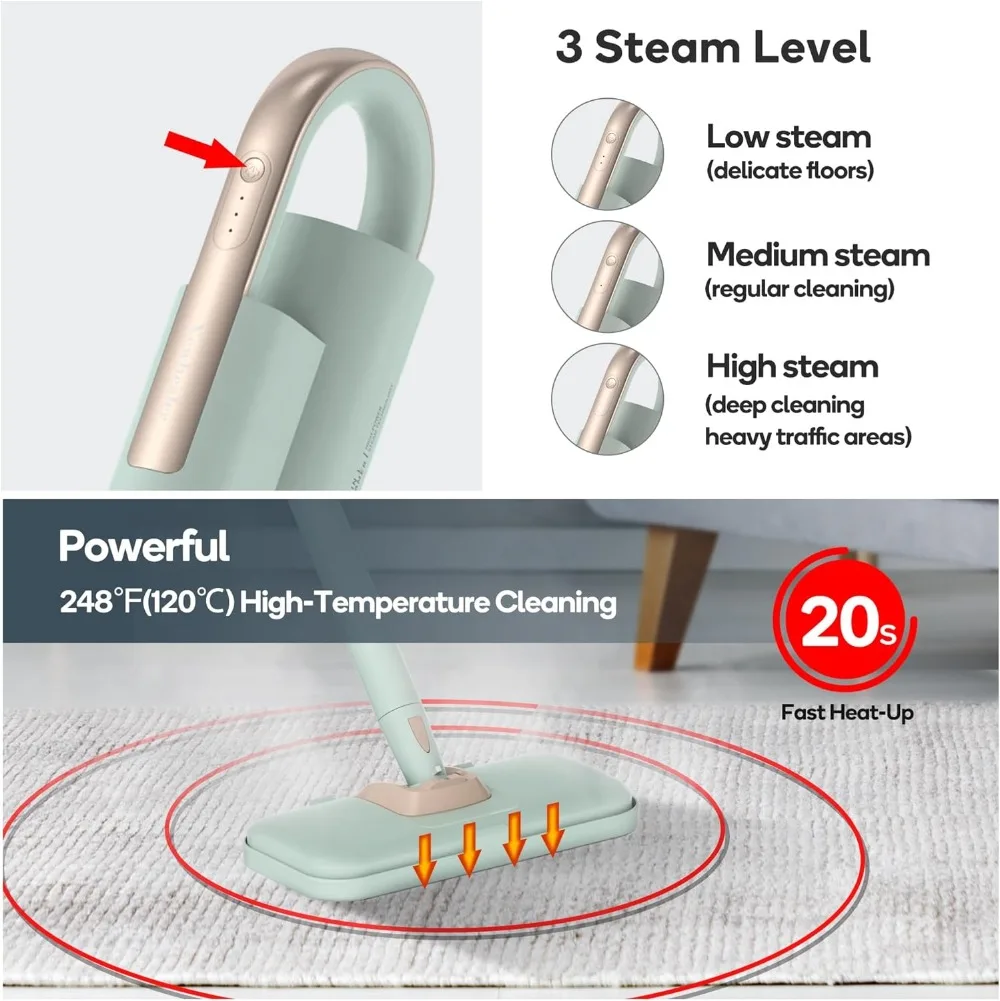 Newbealer Steam Mop & Detachable Handheld Cleaner, 250ml 1200W Powerful Floor Steamer, 3 Adjustable Levels for Carpet Laminate