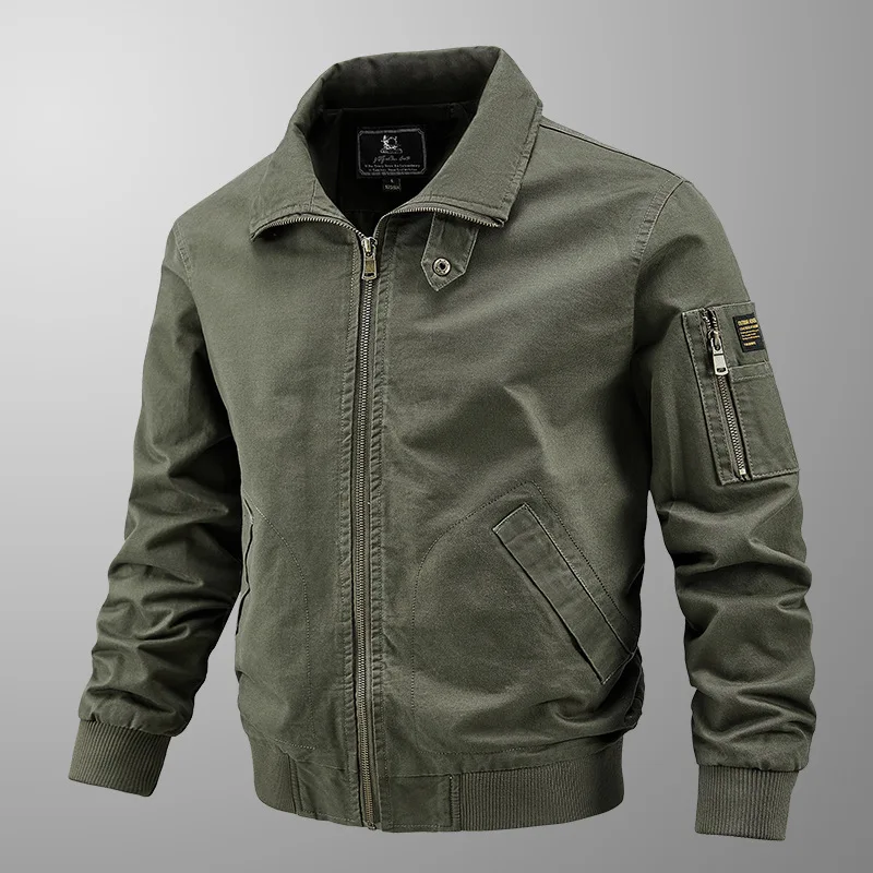 

Men's Solid Color Turn-down Collar Zipper Casual Trendy Loose Cotton Jackets Male Clothes Coats Simple Basic Tops