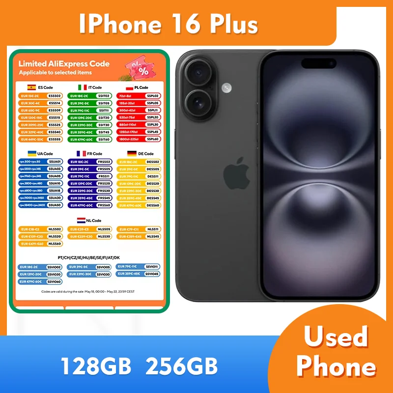 Разблокированный оригинальный смартфон Apple iPhone 16 Plus 5G, 6,7-дюймовый HD-дисплей, камера 48 МП, 256 ГБ ПЗУ, б/у