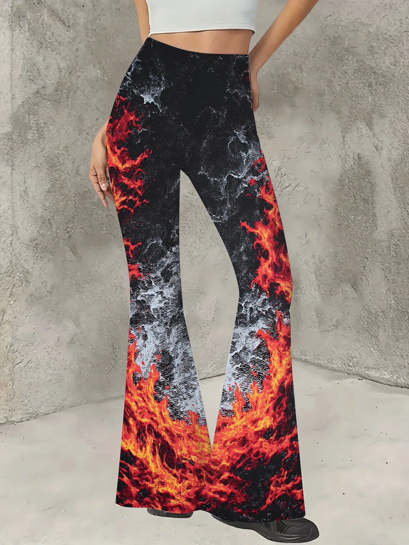 

Y2K Graphic Print Flare Pants Women High Waist Knit Bell Bottom Trousers
