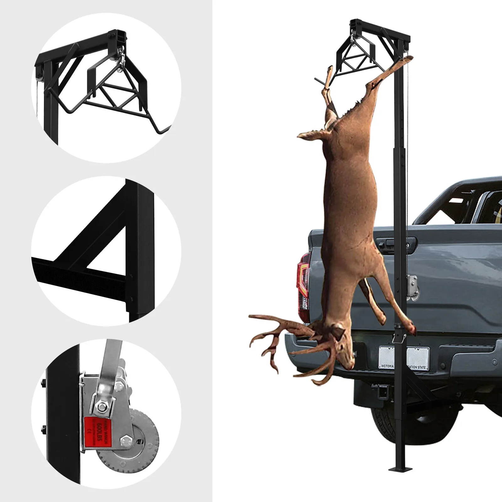 

Hitch Mounted Deer Hoist 600Lbs Capacity For Game Processing Adjustable Height