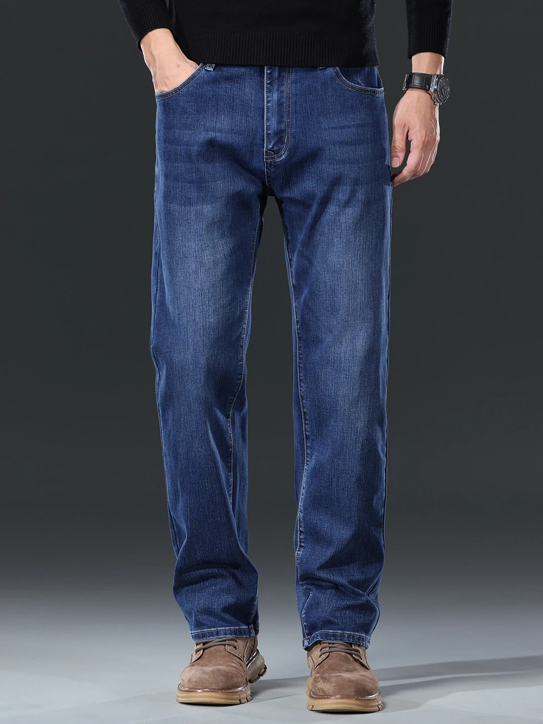 New Faionable Blue Denim Jeans Men's Loose Straight Leg Elastic Casual Cotton Polyester Blend Autumn Season High Waist Waed