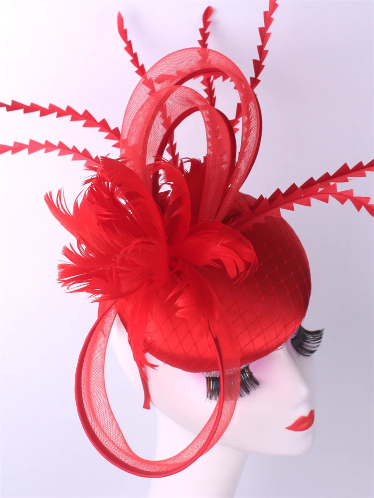 السيدات الملكي أسكوت فاتحة قبعة الزفاف ريشة قبعة أغطية الرأس النساء الكنيسة حفلة علبة حبوب منع الحمل مع رباطات العروس حفلة قطع زينة #4