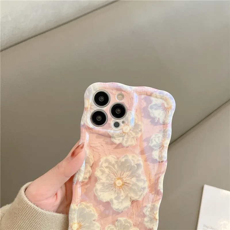 Ins Fresh Style Oil Painting Flower Blue Light Phone Case for IPhone 14 13 12 11 Pro Mini XS Max 8 7 Plus X Shockproof Cover