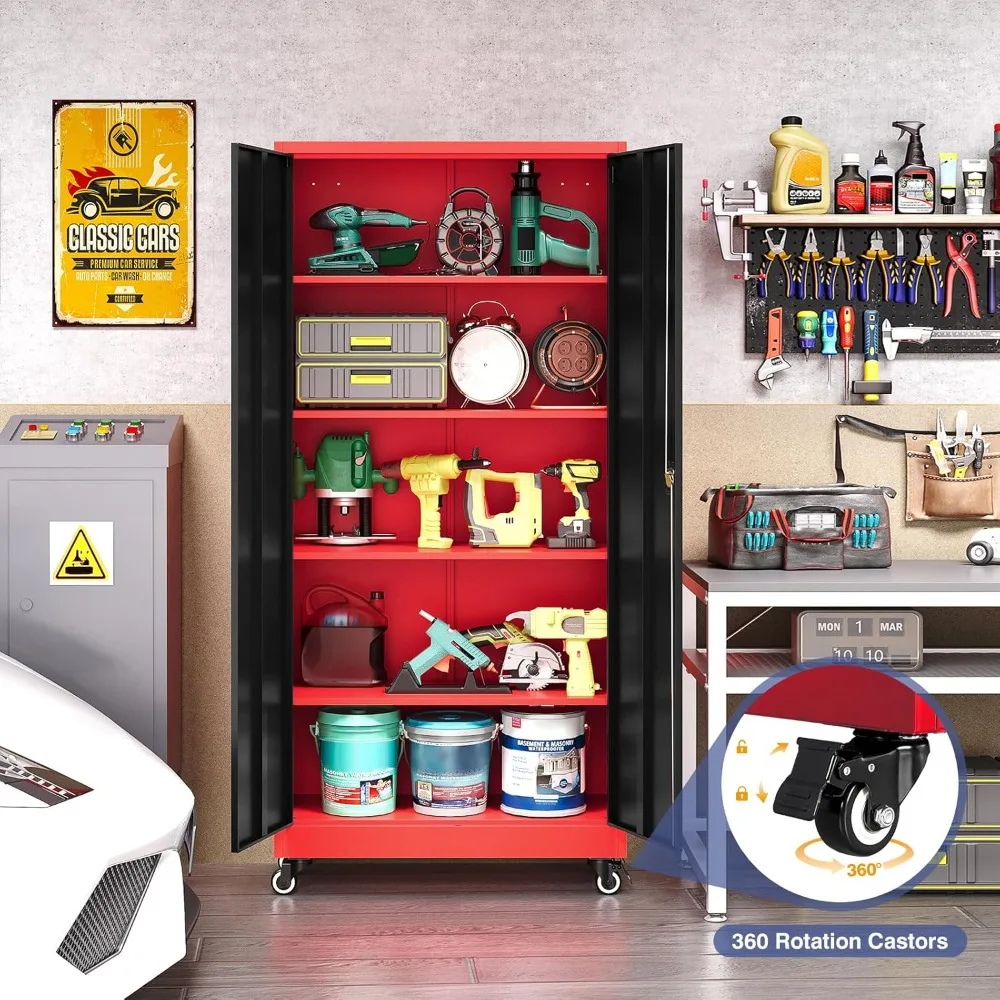 Gabinete de almacenamiento de metal con ruedas, gabinete de almacenamiento alto para garaje con 4 estantes ajustables y 2 puertas, gabinete de herramientas bloqueable para