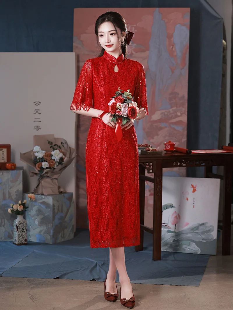 

Yourqipao 2023 Summer New Improved Long Chinese Traditional Cheongsam Red Formal Werdding Party Dresses Women Engagement Dress