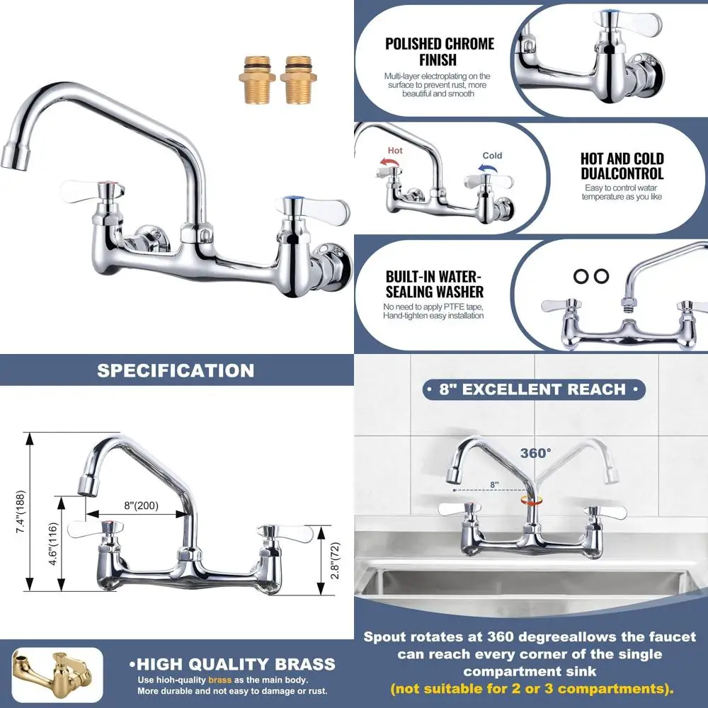 

8 Swivel Spout Wall-Mount Dual Handle Kitchen Faucet in Polished Chrome for Utility Sinks