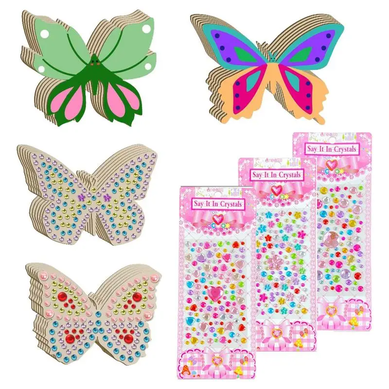 DIY 28pcs Wood Gem Art Butterfly Kit Toy Art And Craft Diamond Stickers Unfinished Painting Butterfly Wood Slices Toys For Kids