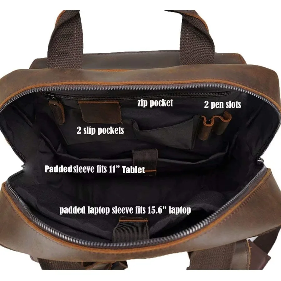 حقيبة ظهر جلدية من Masa Kawa للرجال مقاس 15.6 بوصة حقيبة كمبيوتر محمول متعددة الجيوب كاجوال للسفر باللون البني #6