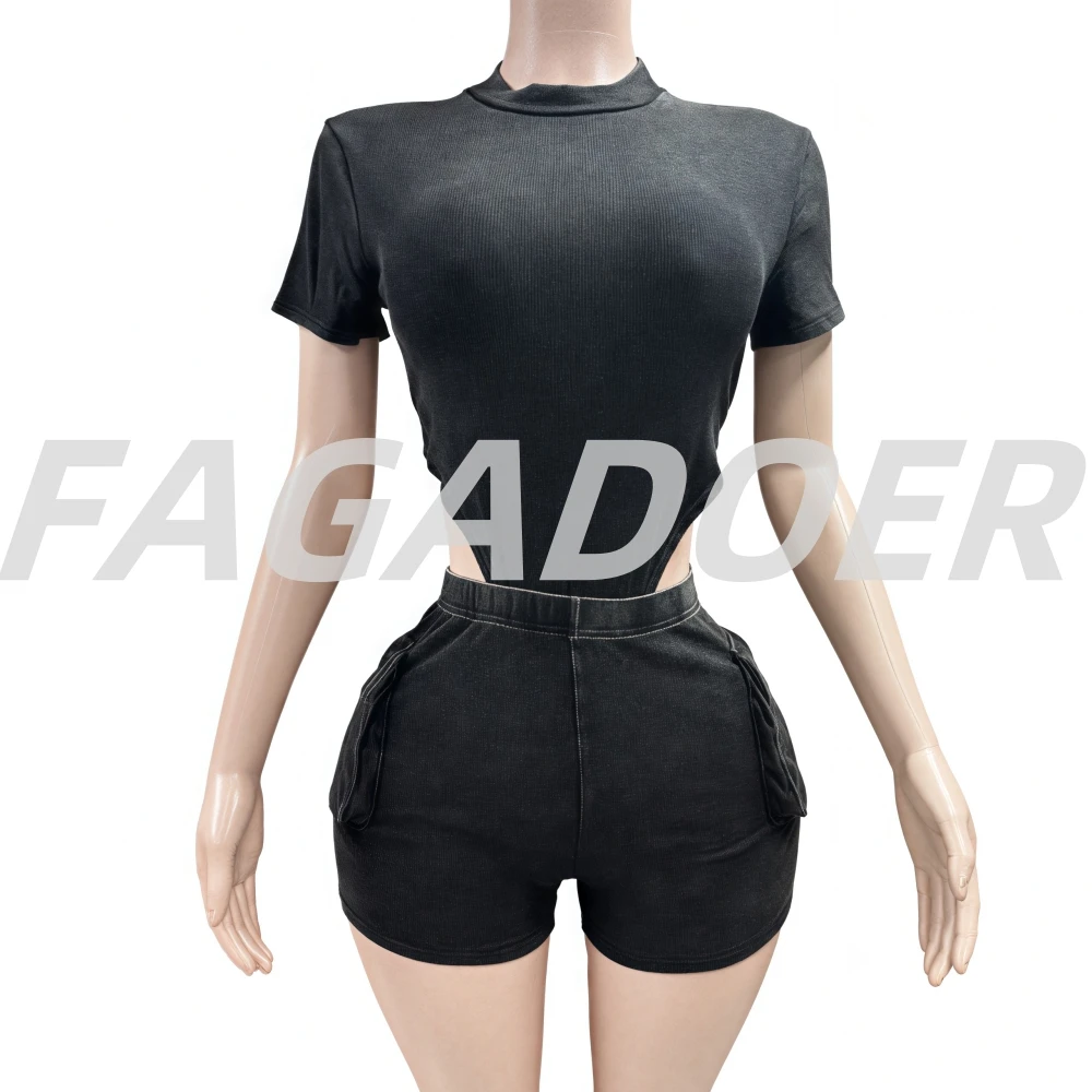 FAGADOER Quality Rib 2 Piece Outfits Women Stretchy Skinny Bodysuit Top Pockets Shorts Suits Casual Matching Sets 2024 Trendy