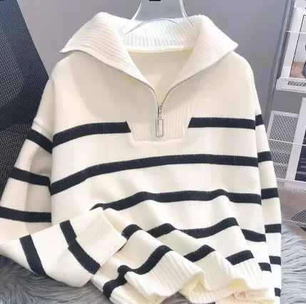 New Korean Style Striped Cropped Sweater Women Vintage Oversize Knit Jumper Female Autumn Long Sleeve O-neck Pullovers Tops