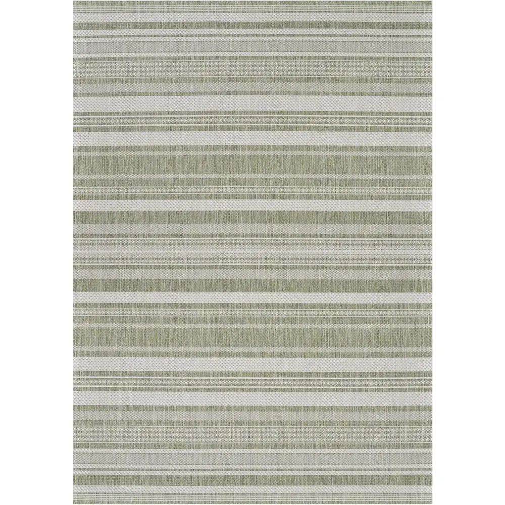 

8'6 Square Sage Green & Ivory Striped Rug - Low Pile, Easy to Clean, Suitable for Home, Patio, and Kitchen