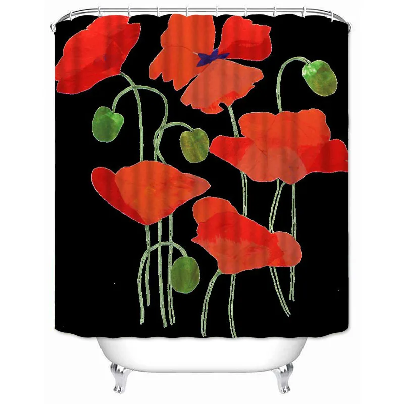 Red Poppy Flower Print Pattern Shower Curtain High Quality Waterproof Polyester Fabric Home Bathroom Decorative