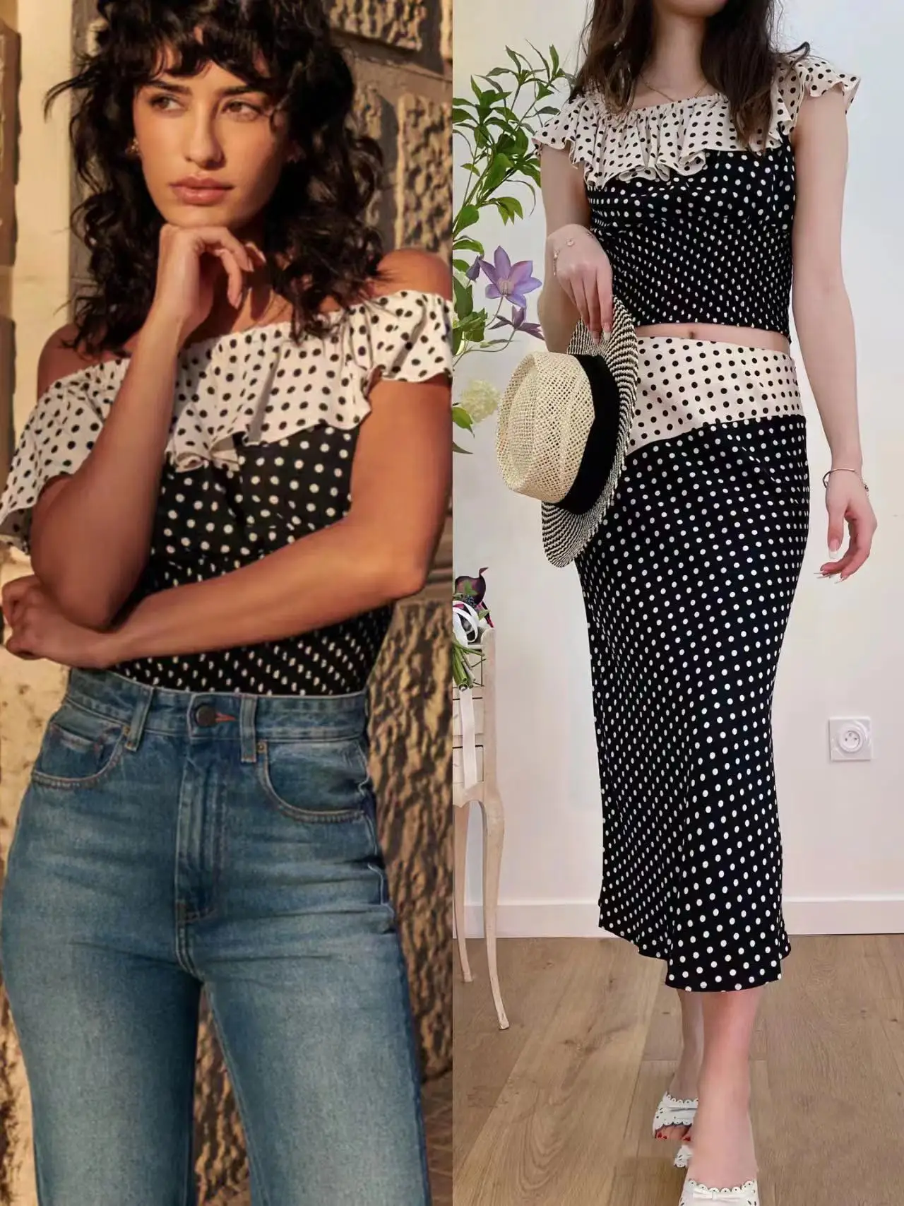 

French Sle Retro Bla White Polka Dot Print ter Ne Ruffle Hem Top f Skirt Color Blo Women's Faion Set 2023