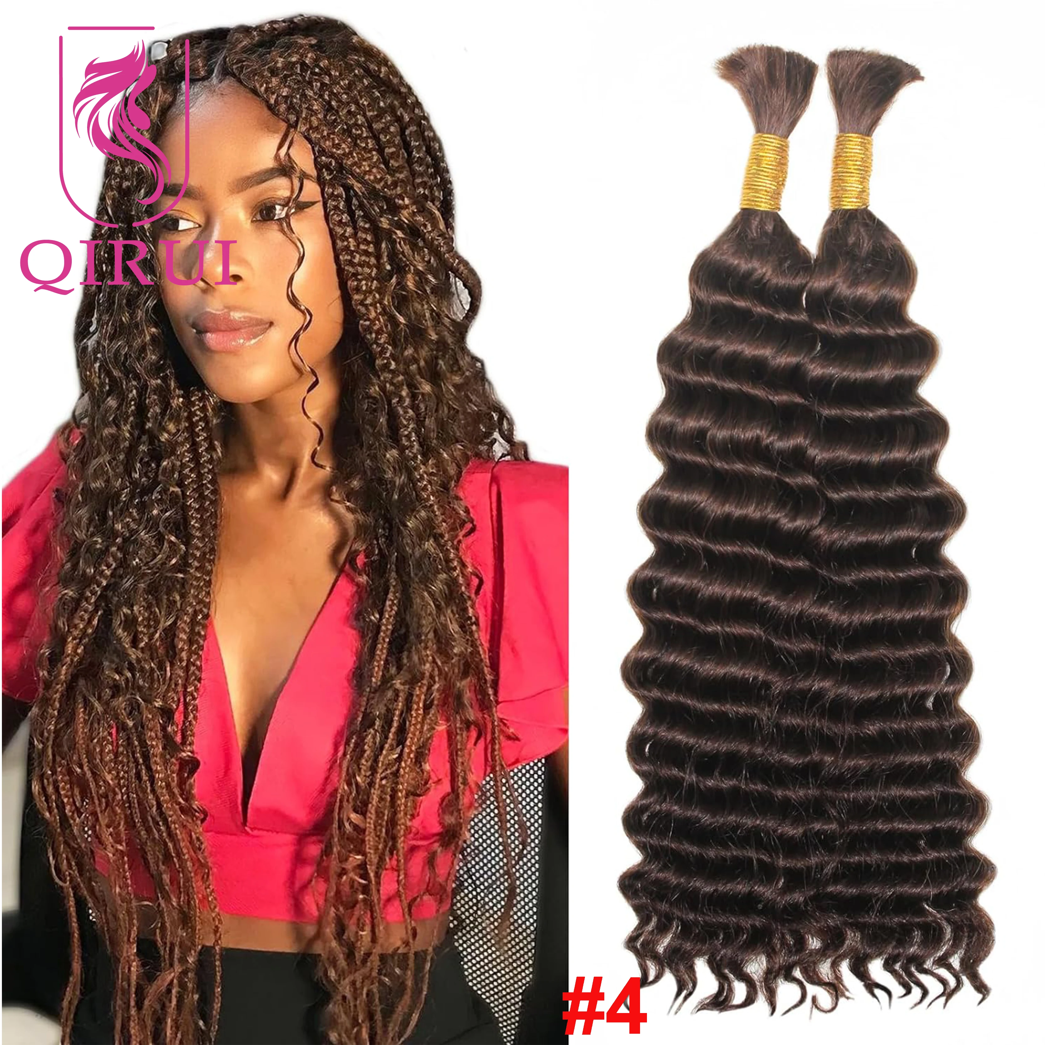 Bulk Human Hair For Braiding Highlight #4/30 Deep Wave Double Drawn Boho Knotless Braids Hair Bundles No Weft Wholesale