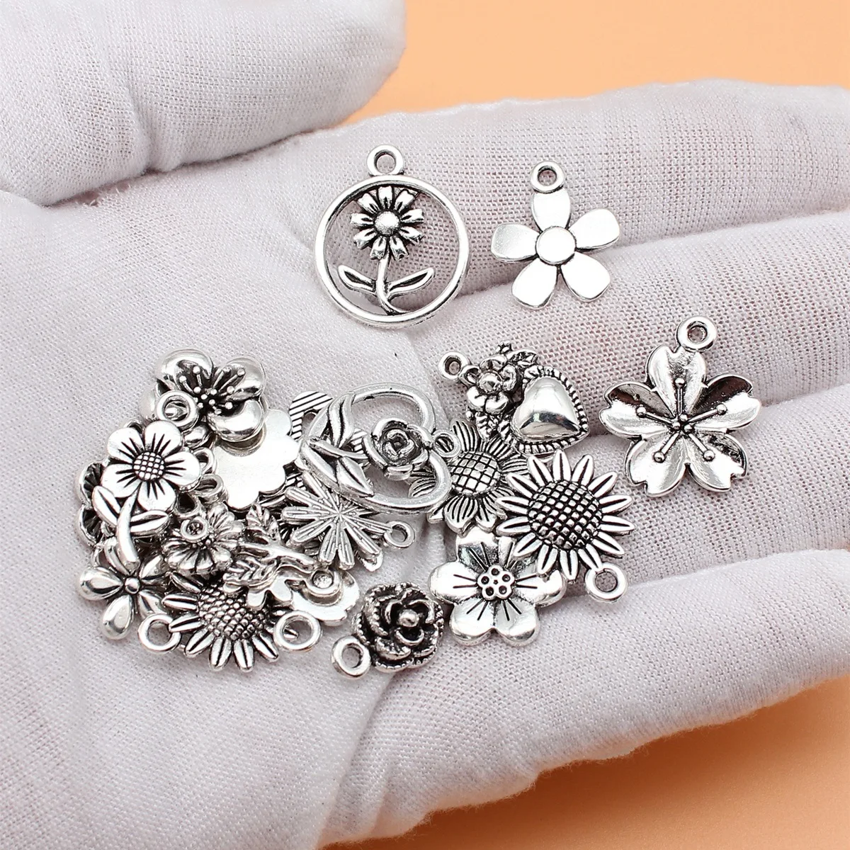 24pcs Antique Silver Color Flower Charms Collection For DIY Jewelry Making, 24 Styles, 1 of Each