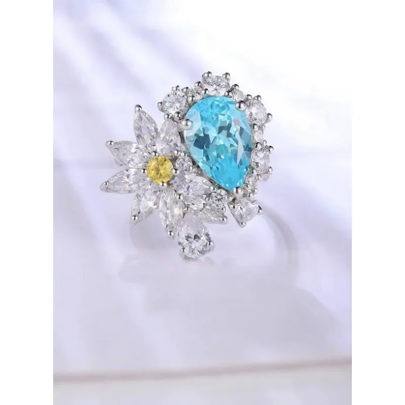 

Ruihe New Custom 925 Silver Ring Setting 4.99ct Lab Grown Paraiba Sapphire Gems with Yellow Zirconia Women Weddingrings Jewelry