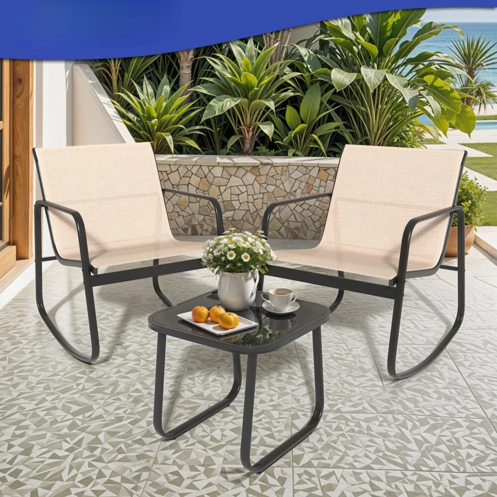 

US 3 PCS Patio Rocking Chair With Side Table Bistro Textilene Fabric Furniture