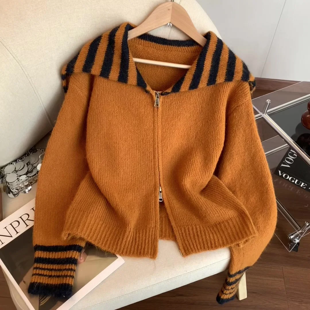 

Женский оранжевый кардиган, свитер, винтажный джемпер 2000-х годов Y2k с матросским воротником, трикотаж, свитер на молнии с длинными рукавами, осенняя одежда 2025
