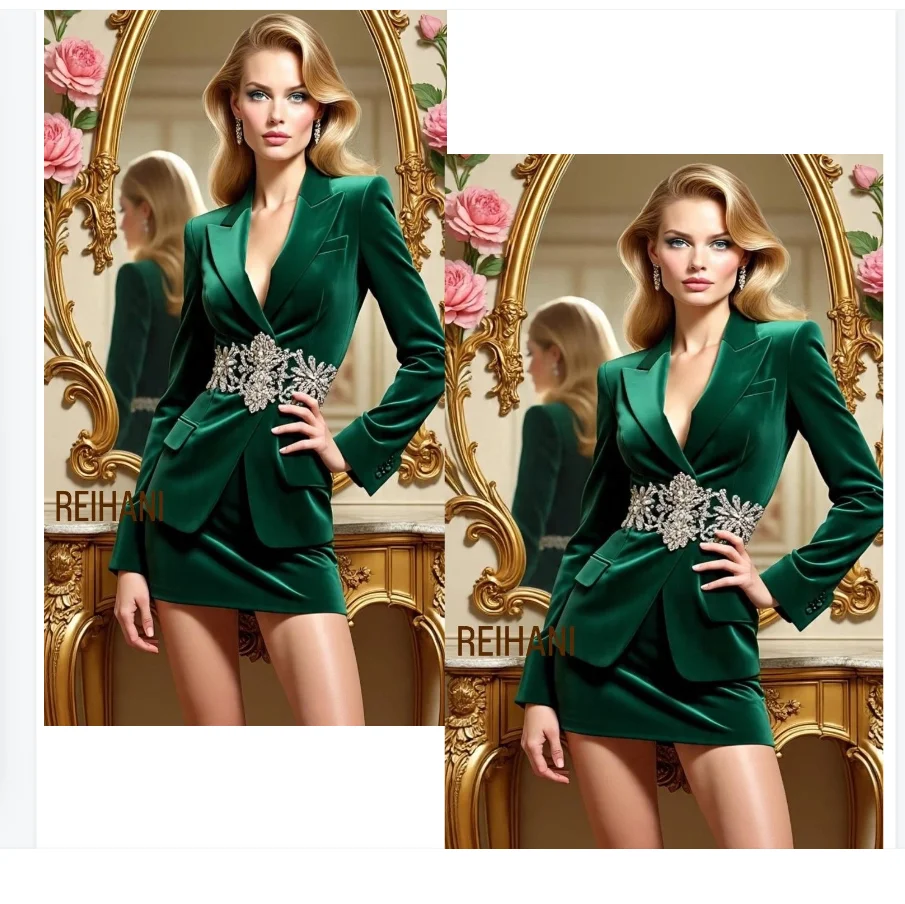 

Green Velvet Women Suit Set 2 Pcs Crystals Blazer+Short Prom Dress Autumn Formal Office Lady Jacket Customized Wedding Tuxedos
