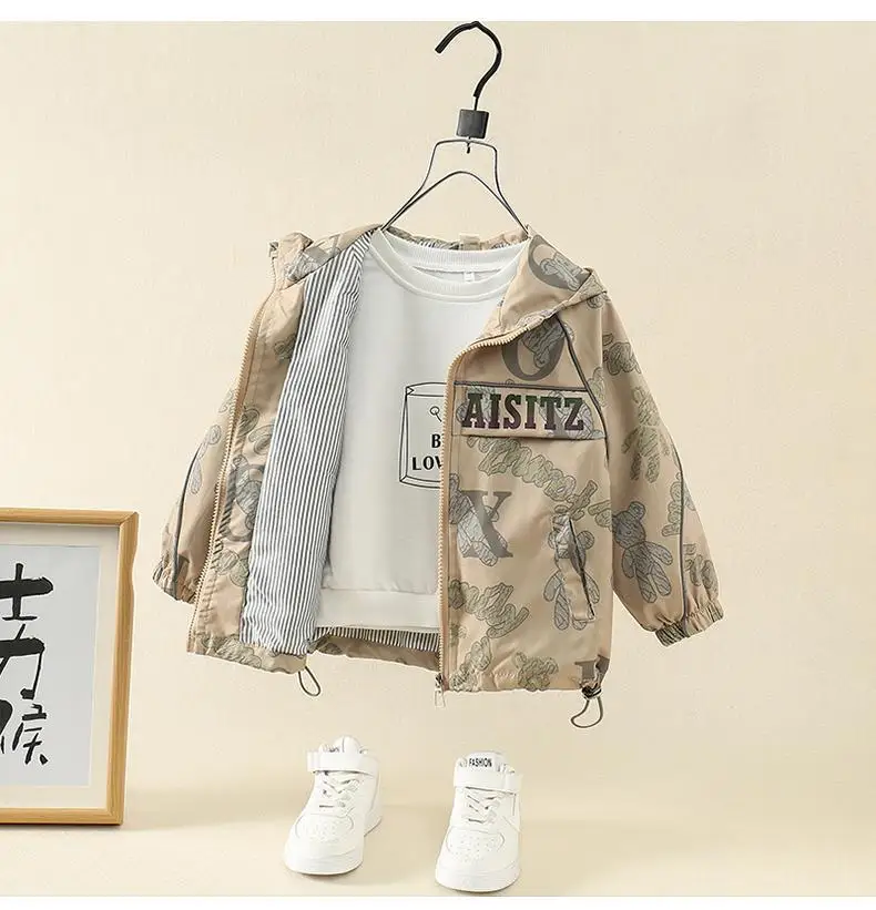 Boys Girl Hooded Jacket Spring and Autumn Children\'s Leisure Coat New Boys\' and Baby Camouflage Windbreaker Autumn Clothes