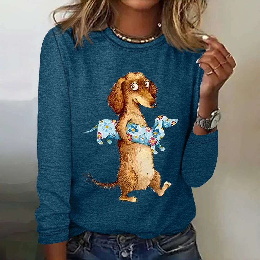 Funny Dachshunds Pattern Print Long Sleeves T shirts Fall Cotton Crewneck Women\'s T-shirts Fashion Women Clothing Pullover