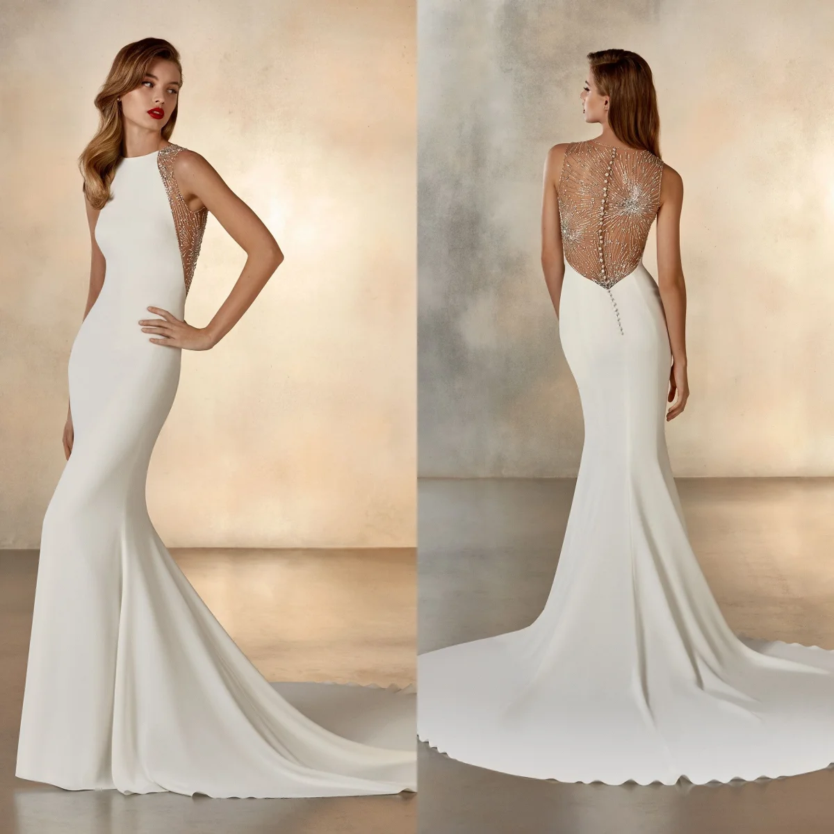 Luxury Mermaid Wedding Dresses O Neck Beaded Rhinestones Formal Bride Dress Customized Sweep Train Bridal Gowns