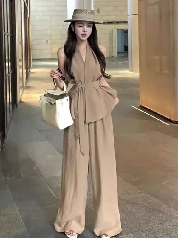 เอเล่เอวสูงคาดเข็มขัดสเวลชุดสตรีกางเกงขายาวคอวีแฟชั่นเกาหลีสลีชุดฤดูร้อนชุดสูทสองชิ้น