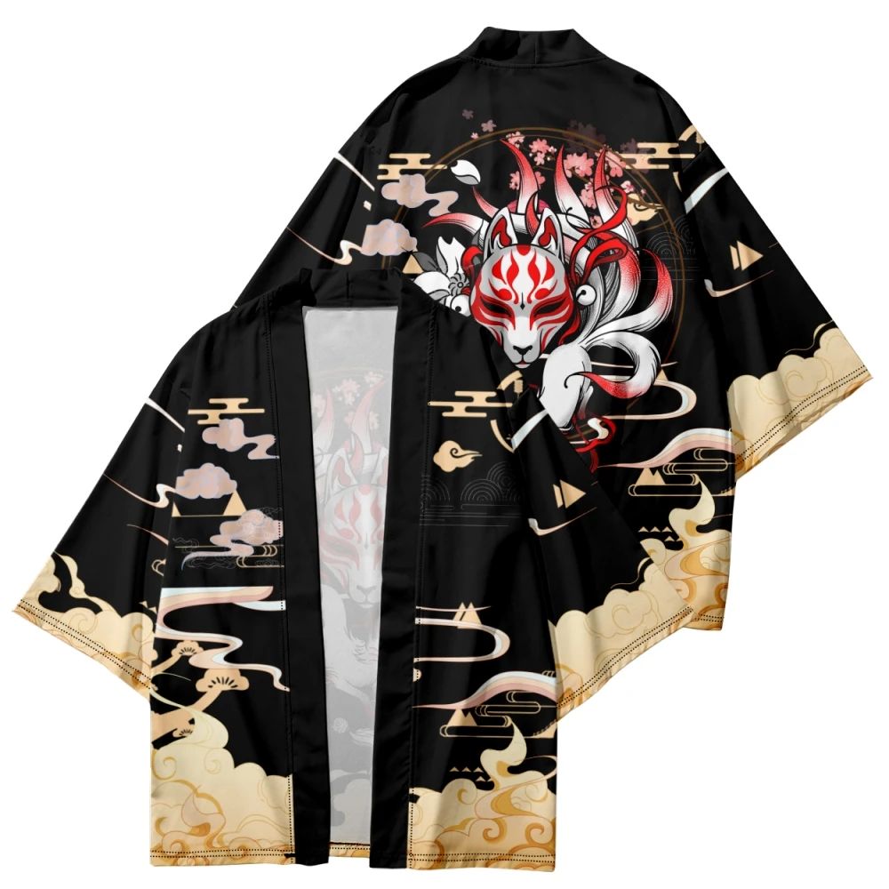 2023 Summer Beach Japanese Cosplay Kimono Anime Nine-tailed Fox Printed 3/4 Sleeve Shirt Haori Fashion Women Yukata Men Robe