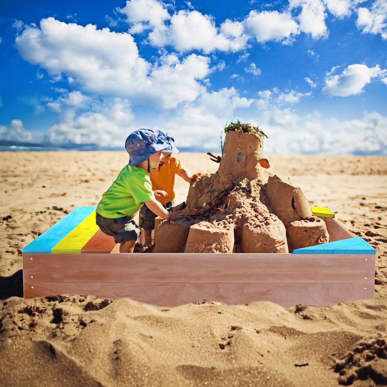 Bac à sable en bois pour enfants, bac à sable, ensemble de jeu en bois pour enfants, arrière-cour extérieure, 47.25 "L x 47,25" W x 7.87 "H, rouge doré