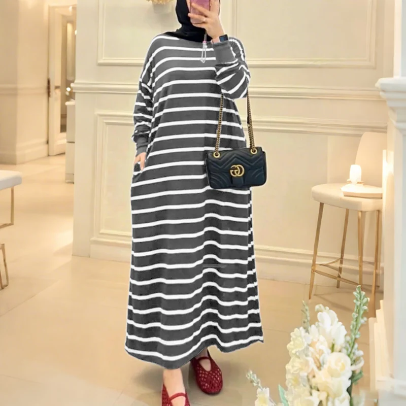 

ZANZEA Spring Maxi Long Dress Striped Sundress Fashion Women O Neck Long Sleeve Muslim Abaya Robe Femme Ramadan Kaftan Vestidos
