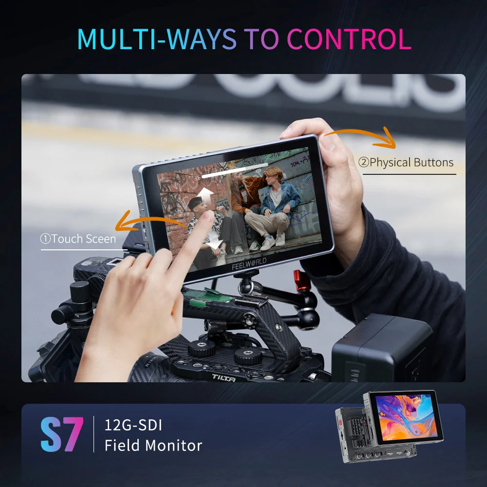 Monitor de câmera OEM FEELWORLD S7 personalizado 7 polegadas 1600nit Monitor de campo Touch Screen 12G-SDI HDMI2.0 Fabricante