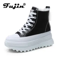 Fujin 7cm buty do kostki ze skóry naturalnej na co dzień masywne trampki zimowe pluszowe platformy wiosenno-jesienne na koturnie ukryte buty damskie