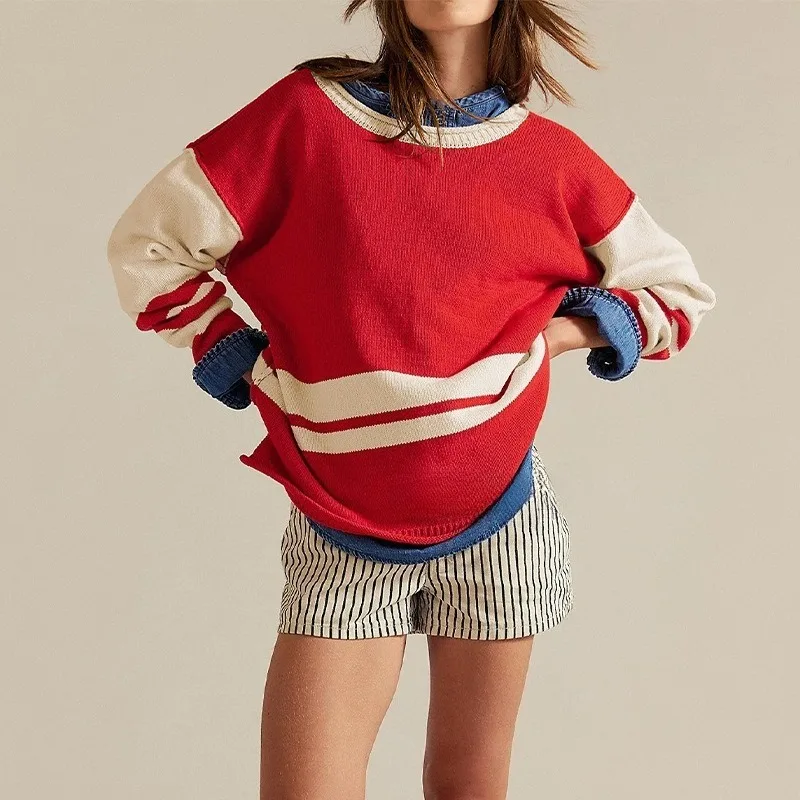 

2025 New Fall and Winter Pullover Sweater European and Beautiful Color-blocking Crew Neck Loose and Versatile Knitwear