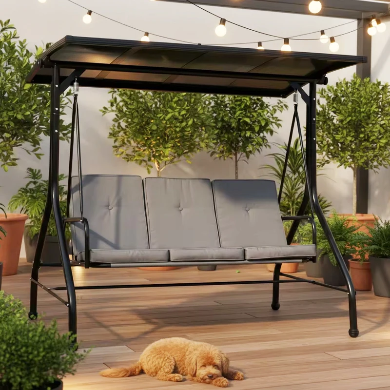 Modern Steel Metal Three-Seater Outdoor Rocking Chair Waterproof Cushion Durable 3-Person Swing Bed for Hotel Park Villa Use