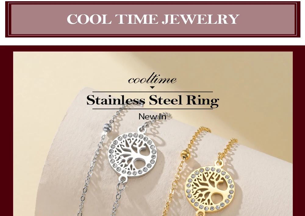 CoolTime Baum des Lebens Ring Zirkon Damenarmbänder Edelstahl Doppelketten Schmuck Goldfarben Mode Amulett Geschenk – Detail 1