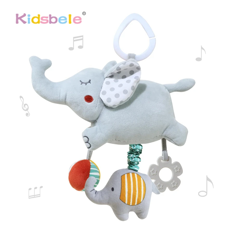 ガラガラとカサカサ音がするベビーカー用吊り下げおもちゃ、ベビーベッド、カーシート、感覚発達のための柔らかいぬいぐるみ象のアクティビティおもちゃ