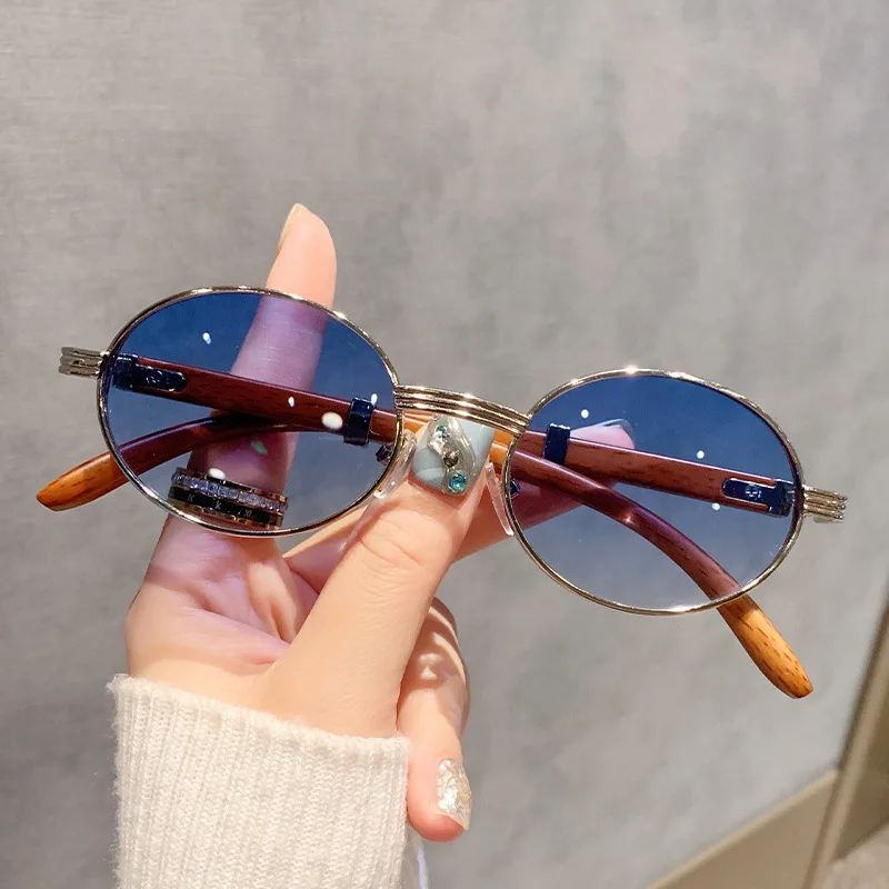 New Fashion Oval Sunglasses Men UV400 Sun Glasses Women Vintage Brand Designer Eyewear Imitation Wood Grain Sunglass